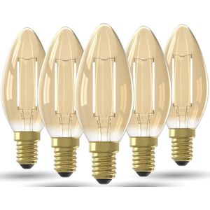 LED Lamp Goud - Set van 5 Stuks, E14, B35 Kaars, Straight filament, 3.5W 250lm 2100K, niet dimbaar