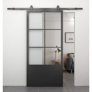 Stalen schuifdeur - Loft - 6 vaks helder glas - kickplate - 215 x 100 cm