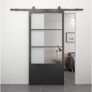 Stalen schuifdeur - Loft - 3 vaks helder glas - kickplate - 235 x 100 cm