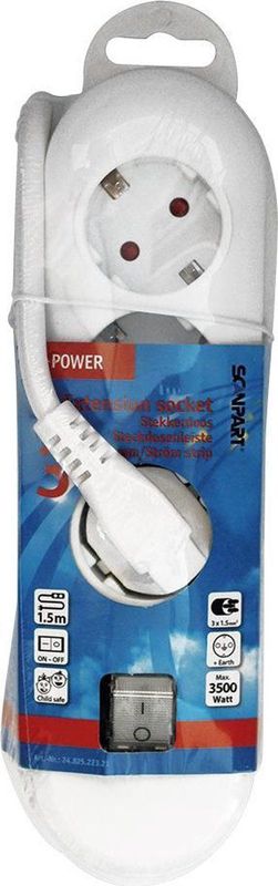 Scanpart - Stekkerdoos - 3-Voudig - Wit - 1,5 Meter - Met Schakelaar
