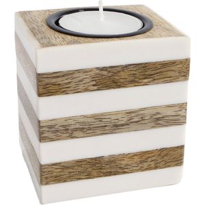 2 Theelichtjes ""Stripes"" naturel/wit vierkant hout 6,5x6,5x7,5cm en 5.5x5.5x5.2cm