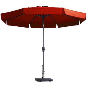 <p>Deze tuinparasol Flores Luxe uit de Madison TOPLINE serie is een duurzame, stabiele en hoogwaardige parasol die perfect is voor in je buitenruimte! De drie belangrijkste kenmerken van deze parasol zijn:</p>
<ul>
  <li>Handig kantelmechanisme</li>
  <li>Eenvoudig draaimechanisme</li>
  <li>Slingersysteem voor het openen en sluiten van de parasol</li>
</ul>
<p>De parasol heeft een waterafstotend doek met volant gemaakt van hoogwaardig 220 gr/m² polyester met PA-coating. Hij beschermt tot wel 2.000 uur tegen uv-stralen aangezien hij een UPF factor van 50+ heeft! Houd er rekening mee dat deze parasol een parasolvoet nodig heeft van minimaal 40 kg (niet inbegrepen) en het beste beschermd wordt met een Madison parasolhoes die apart verkrijgbaar is.</p>
<p>Specificaties:</p>
<ul>
  <li>Kleur: steenrood</li>
  <li>Materiaal paal: aluminium</li>
  <li>Materiaal balein: staal</li>
  <li>Frame met gepoedercoate afwerking</li>
  <li>Materiaal doek: stof (220 g/m²) met PA-coating</li>
  <li>Afmetingen parasol: 300 x 258 cm (ø x H)</li>
  <li>Afmetingen paal: 3,8 cm (ø)</li>
  <li>Handig kantelmechanisme</li>
  <li>Eenvoudig rotatiesysteem</li>
  <li>Opzetsysteem met handslinger</li>
  <li>Uv-beschermingsfactor: 50+</li>
  <li>Volant: 18 cm</li>
  <li>Met enkel ventilatiegat</li>
  <li>Waterafstotend</li>
  <li>Suggestie: de parasolvoet moet minimaal 40 kg zijn</li>
  <li>Voorzien van een bevestigingsband met klittenbandsluiting</li>
</ul>