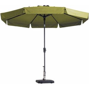 <p>Deze tuinparasol Flores Luxe uit de Madison TOPLINE serie is een duurzame, stabiele en hoogwaardige parasol die perfect is voor in je buitenruimte! De drie belangrijkste kenmerken van deze parasol zijn: een handig kantelmechanisme, het eenvoudige draaimechanisme en het slingersysteem voor het openen en sluiten van de parasol.</p>
<p>Deze parasol heeft een waterafstotend doek met volant gemaakt van hoogwaardig 220 gr/m² polyester met PA-coating. Hij beschermt tot wel 2.000 uur tegen uv-stralen aangezien hij een UPF factor van 50+ heeft! Houd er rekening mee dat deze parasol een parasolvoet nodig heeft van minimaal 40 kg (niet inbegrepen) en het beste beschermd wordt met een Madison parasolhoes die apart verkrijgbaar is.</p>
<ul>
  <li>Kleur: saliegroen</li>
  <li>Materiaal paal: aluminium</li>
  <li>Materiaal balein: staal</li>
  <li>Frame met gepoedercoate afwerking</li>
  <li>Materiaal doek: stof (220 g/m²) met PA-coating</li>
  <li>Afmetingen parasol: 300 x 258 cm (ø x H)</li>
  <li>Afmetingen paal: 3,8 cm (ø)</li>
  <li>Handig kantelmechanisme</li>
  <li>Eenvoudig rotatiesysteem</li>
  <li>Opzetsysteem met handslinger</li>
  <li>Uv-beschermingsfactor: 50+</li>
  <li>Volant: 18 cm</li>
  <li>Met enkel ventilatiegat</li>
  <li>Waterafstotend</li>
  <li>Suggestie: de parasolvoet moet minimaal 40 kg zijn</li>
  <li>Voorzien van een bevestigingsband met klittenbandsluiting</li>
</ul>