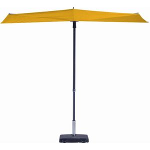 <p>De unieke balkonparasol Sun Wave uit de Madison TOPLINE serie is een duurzame, stabiele en hoogwaardige parasol die perfect is voor in je buitenruimte! Deze parasol kan in hoogte versteld en in meer dan 80 standen gekanteld worden! Hij is perfect voor gebruik op het balkon om je uit de zon en wind te houden.</p>
<p>Deze parasol heeft een waterafstotend doek met volant gemaakt van hoogwaardig 220 gr/m² polyester met PA-coating. Hij beschermt tot wel 2.000 uur tegen uv-stralen aangezien hij een UPF factor van 50+ heeft! Houd er rekening mee dat deze parasol een parasolvoet nodig heeft van minimaal 30 kg of een Madison balkonbeugel (niet inbegrepen).</p>
<p>De Sun Wave wordt het beste beschermd met een Madison parasolhoes die apart verkrijgbaar is.</p>
<ul>
  <li>Kleur: goudgeel</li>
  <li>Materiaal paal: aluminium</li>
  <li>Materiaal balein: staal</li>
  <li>Frame met gepoedercoate afwerking</li>
  <li>Materiaal doek: stof (220 gram/m²) met PA-coating</li>
  <li>Afmetingen parasol: 270 x 150 x 240 cm (L x B x H)</li>
  <li>Afmeting paal: 48 x 4,65 cm (L x B)</li>
  <li>Balkonparasol</li>
  <li>Doet ook dienst als windscherm</li>
  <li>In hoogte verstelbaar</li>
  <li>Meer dan 80 standen</li>
  <li>Uv-beschermingsfactor: 50+</li>
  <li>Waterafstotend</li>
  <li>Kan gemonteerd worden op balkon met balkonklem (apart verkrijgbaar)</li>
  <li>Suggestie: de parasolvoet moet minimaal 30 kg zijn. Als alternatief kan je de Sun Wave balkonklem gebruiken.</li>
  <li>Voorzien van een bevestigingsband met klittenbandsluiting</li>
</ul>