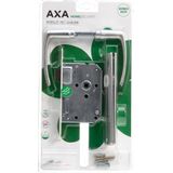 AXA Binnendeurbeslag set (Curve) Aluminium: Kruk (model Blok) op schild en loopslot met witte voorplaat
