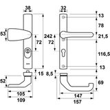 Veiligheidsbeslag Premium smal Wing-knop+kruk Flow PC72 anti-kerntrek/omkeerbaar/242x38x15/alu. gesl. F1/SKG3 PC72