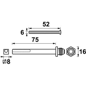 Bouten M6x52mm - Wisselstift 75x8mm - Voor Knop/Duwer Veiligheidsbeslag