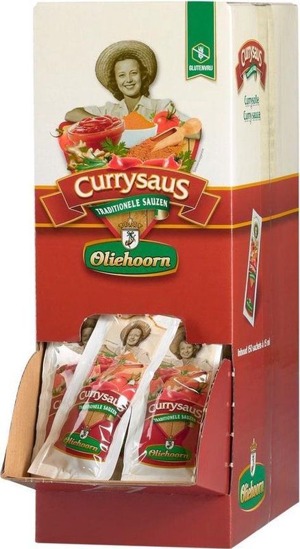 Oliehoorn Currysaus, doos van 150 zakjes van 15 ml