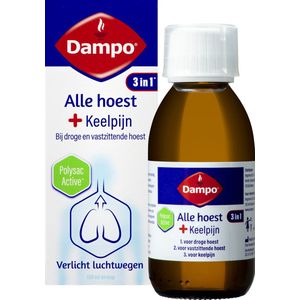 Dampo 3 in 1 Alle Hoest + Keelpijn - Bij droge en vastzittende hoest - Bij keelpijn - Verlicht de luchtwegen - Hoestdrank - Medisch hulpmiddel - 150 ml