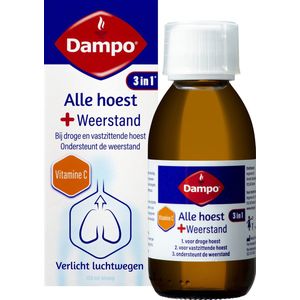 Dampo 3 in 1 Alle hoest + Weerstand - Bij droge en vastzittende hoest - Vitamine C ondersteunt de weerstand - Verlicht luchtwegen - Hoestdrank - Medisch hulpmiddel - 150 ml