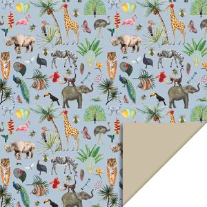 1 rol cadeaupapier - Jungle Blue - Taupe - 70x300 cm - Kinderverjaardag - Inpakpapier - Kaftpapier - Jungle - Dieren