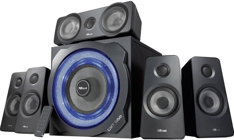 Trust Gaming 21738 GXT 658 Tytan 5.1 Surround PC Lautsprecher mit Subwoofer, Speakers mit LED Beleuchtung, Soundsystem für PC, Laptop, Konsole, TV, Schwarz, 180 W (90 W RMS)