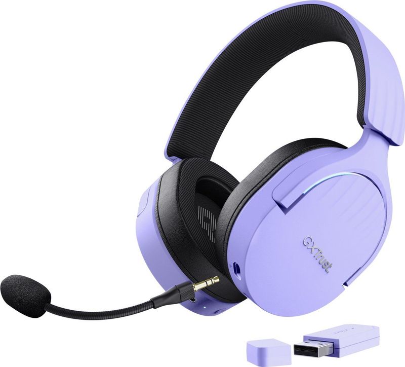 Trust Gaming GXT 491P Fayzo Draadloze Gaming Headset Bluetooth + RF 2.4 GHz, 7.1 Surround Sound, 22 Uur Batterij, 35% Gerecycled Plastic, RGB Headphones Wireless PC PS5 PS4 Switch - Paars
