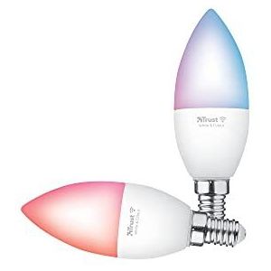 Trust WIFI Smart LED Bulb E14, Slimme RGB-Lamp Wifi Bulb 2.4 GHz, Dimbare LED Candle Lightbulb, Werkt met Alexa en Google Nest, Kleurveranderende Gloeilamp, 1800-6500 K - Wit en Kleur [Duo Pack]