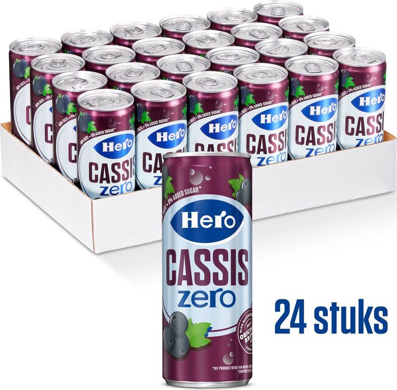Hero Cassis Zero Frisdrank - Blikjes - The Original - Gemaakt van Zwarte Bessen - Handige Tray - 24 x 250ml