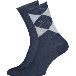 Tommy Hilfiger damessokken Check (2-pack) - uni en geruit katoen - jeansblauw met grijs