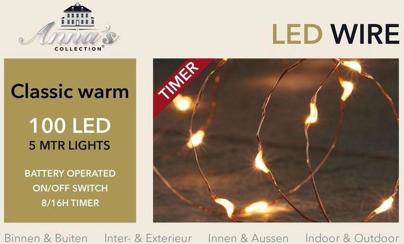 Draadverlichting koper met timer 100 klassiek warm witte leds op batterijen - Lichtdraad koperdraad met 100 LEDS