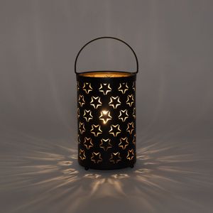 Led sfeer lantaarn/lamp - zwart met sterren - rond - B12 x H19 cm