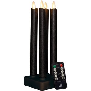 Anna's Collection Oplaadbare LED dinerkaarsen - 4x - zwart - 23,5 cm - afstandsbediening - oplaadstation