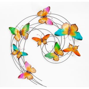 Anna's Collection Wand decoratie vlinders - heldere kleuren mix - 65 x 51 cm - metaal - muurdecoratie - tuin - buiten - dieren - beelden