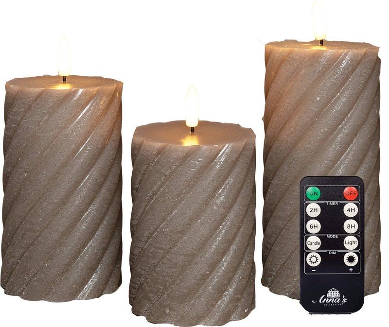 Anna Collection LED kaarsen/stompkaarsen set - 3x st - taupe grijs - swirl - afstandsbediening