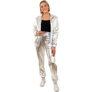 PartyXplosion - Glitter & Glamour Kostuum - Retro Trainingspak Zilver Space Invasie Dames - Vrouw - Zilver - Extra Small - Carnavalskleding - Verkleedkleding