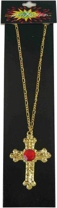 Sinterklaas verkleed ketting kruis - met rode steen - goudkleurig - Sint verkleed accessoires