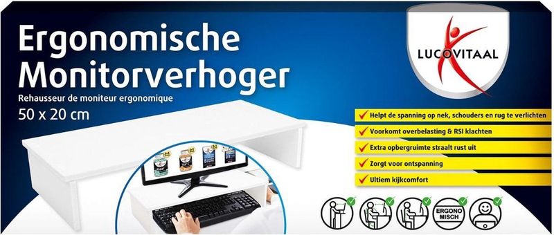 Lucovitaal - Ergonomische Monitorverhoger - Wit - Hout - 50x20 cm