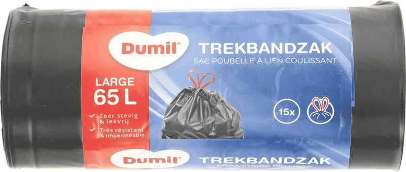 Dumil Afvalzakken met Trekband 65L , 1 rol met 15 zakken