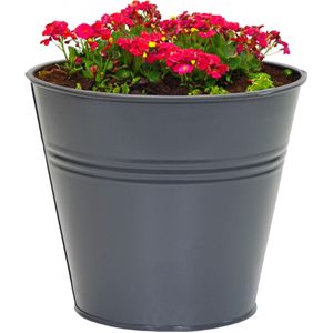 Plantenpot/bloempot Bob - rond - zink - antraciet - D13 X H12 cm - IJzeren emmer / teil