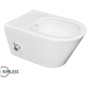 Saqu Wash 2.0 Randloos Hangtoilet - met Koud Water Bidetkraan 35,5x53 cm - Voorgemonteerd - Mat Wit - WC Pot - Toiletpot - Hangend Toilet