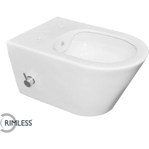 Saqu Wash 3.0 Randloos Hangtoilet - met Warm/koud Water Bidetkraan 35,5x53 cm - Voorgemonteerd - Wit - WC Pot - Toiletpot - Hangend Toilet