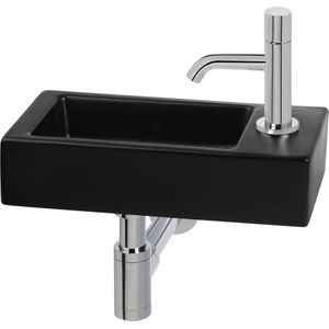 Saqu Trento fonteinset met chromen kraan draaiknop rechts mat zwart keramiek