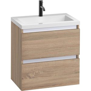 Saqu Gaia voorgemonteerd ondiep badmeubel met aluminium greeplijst incl. wastafel 60x40cm bardolino eiken