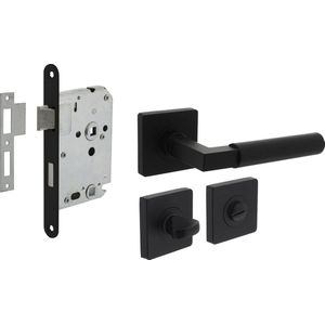 Intersteel Deurbeslag Set Toiletslot 63/8mm Zwart Met Deurkruk Baustil en WC-Sluiting Zwart