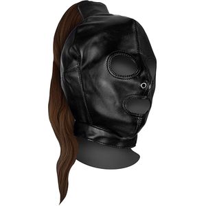 Shots - Ouch! OU889BRN - Mask With Brown Ponytail - Black