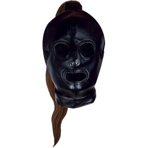 Shots - Ouch! OU889BRN - Mask With Brown Ponytail - Black