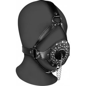 Open Mouth Gag Head Harness with Plug Stopper - Black