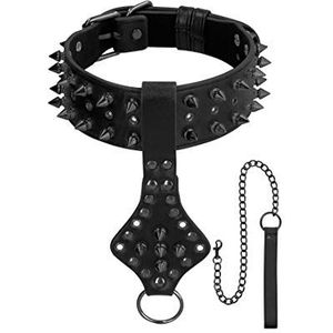 Ouch! by SHOTS Skulls & Bones, nekketting van PU-leer met spikes en leash, zwart