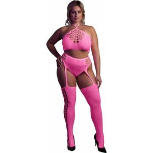 Shots - Ouch! OU836GPNOSX - Two Piece with Crop Top and Stockings - Pink - XL/XXXXL