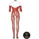 Shots - Le Désir DES033REDOSX - Lace Long-Sleeved Bodystocking - Queen Size - Sunset Glow XL - XXXXL