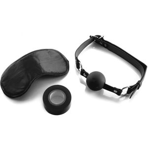 Ouch! Bondage Set 3 Delig met Tape, Mond Knevel en Oogmasker - Zwart