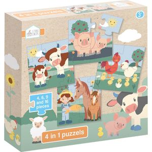 Studio Circus puzzel 4 in 1 boerderij - educatief peuter speelgoed - kinderpuzzel 4x6x9x16 stukjes leren puzzelen - cadeautip puzzel 3 jaar en ouder