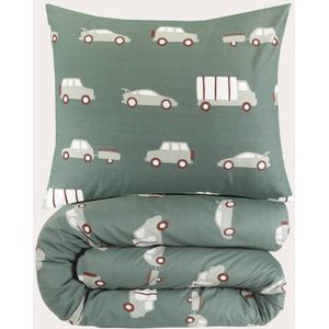 NOUS Kids katoenen dekbedovertrek kinder auto's groen (120x150 cm)