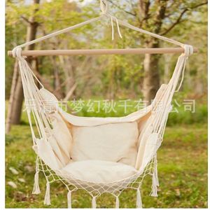 Lesliliving Hangstoel Macramé - 90 cm x 70 cm x 115 cm- Beige