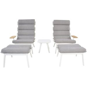 Loungestoelen Set Ventus - 2 stoelen met hocker en bijzettafel - Aluminium - Wit - Incl. Kussens