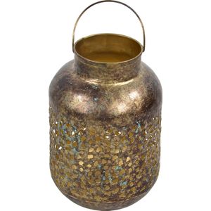 Vintage look lantaarn/windlicht metaal goud grof 23 cm - Metalen tuindecoratie met antieke uitstraling