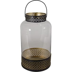 Lantaarn/windlicht zwart/goud Marokkaanse stijl 20 x 37 cm metaal en glas - Gebruik buiten/tuin/woonkamer - Thema Oosters/Arabisch