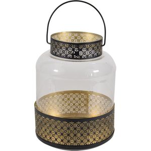 Lantaarn/windlicht zwart/goud Marokkaanse stijl 20 x 28 cm metaal en glas - Gebruik buiten/tuin/woonkamer - Thema Oosters/Arabisch