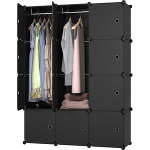 Lowander 3x4 vakkenkast 'Napoli' zwart 148x111 cm - kunststof kledingkast met hangruimte / roomdivider afsluitbaar